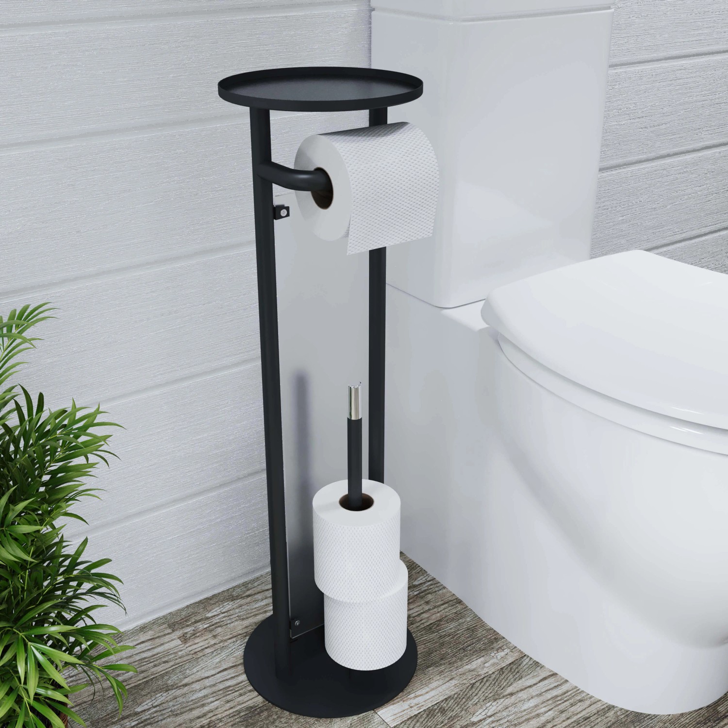 Portarotolo E Portascopino Da Bagno 2 In 1 – Relaxdays, Ferro E Legno Nero, 78x23x18 Cm