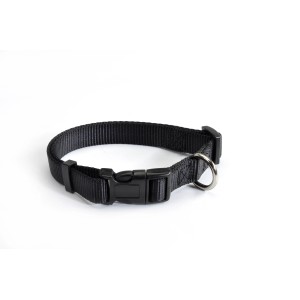 Collare per cani nero con chiusura a scatto e anello a D per guinzaglio.