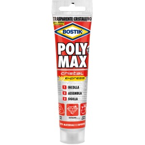 Tubo di adesivo Bostik Poly Max Cristal Express per incollaggi trasparenti.