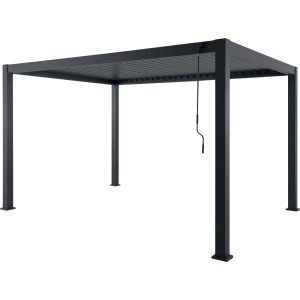 Gazebo t.b.t. moderno grigio con tetto a lamelle e meccanismo a manovella.