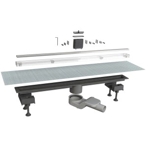 Canaletta doccia t.b.t. con accessori, inclusi sifone ed elementi di montaggio.