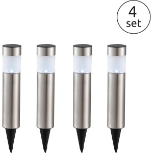 Set da 4 Globo LED lampade solari da giardino con picchetto, acciaio inox, Ø 6,5x38cm. Luce esterna per giardino e vialetto.