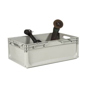 Contenitore/Box t.b.t. grigio con attrezzi. Soluzione di stoccaggio.