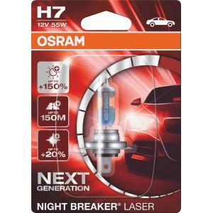 Lampada faro Osram Night Breaker Laser H7 per auto: fino al 150% di luminosità in più.