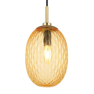 Lampada a sospensione t.b.t. gialla con vetro strutturato e sospensione color oro.