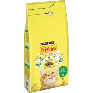 Confezione gialla di cibo per gatti Friskies, alimento secco per gatti.