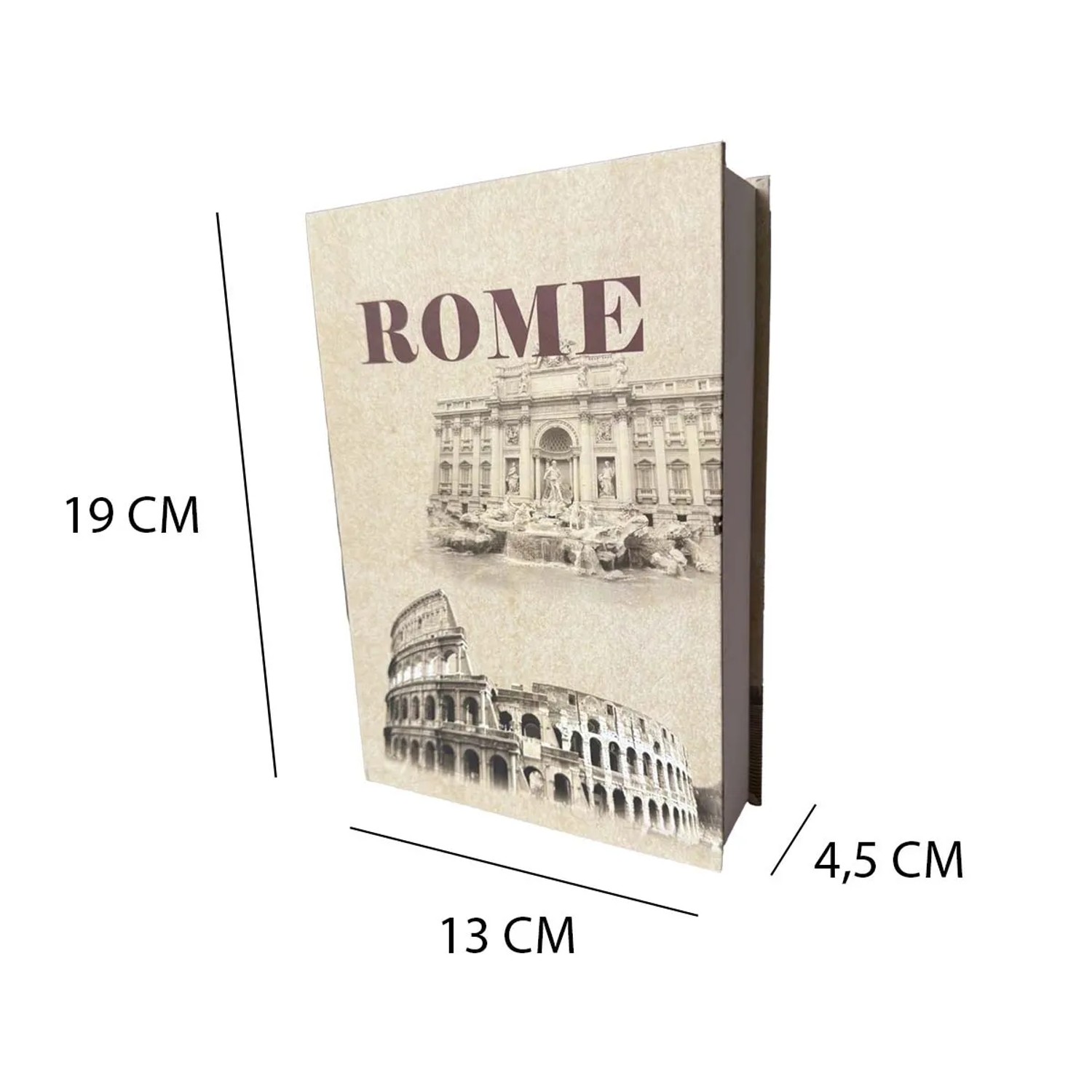 Cassaforte t.b.t. a forma di libro con motivo di Roma, ideale per custodire oggetti di valore.