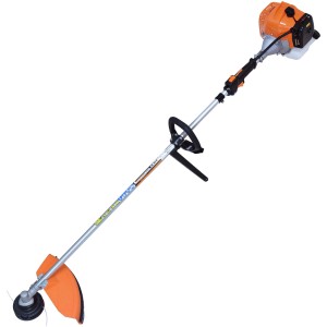 Decespugliatore t.b.t. per giardinaggio, corpo arancione, asta argentata.