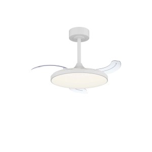 Plafoniera LED t.b.t. bianca con pale del rotore a scomparsa.