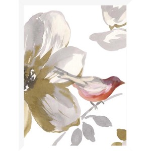 Quadri: Dipinto ad acquerello con fiore e uccello, colori tenui.