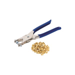 Pinza per occhielli LUX Classic 200 mm con manici blu e 100 occhielli dorati.