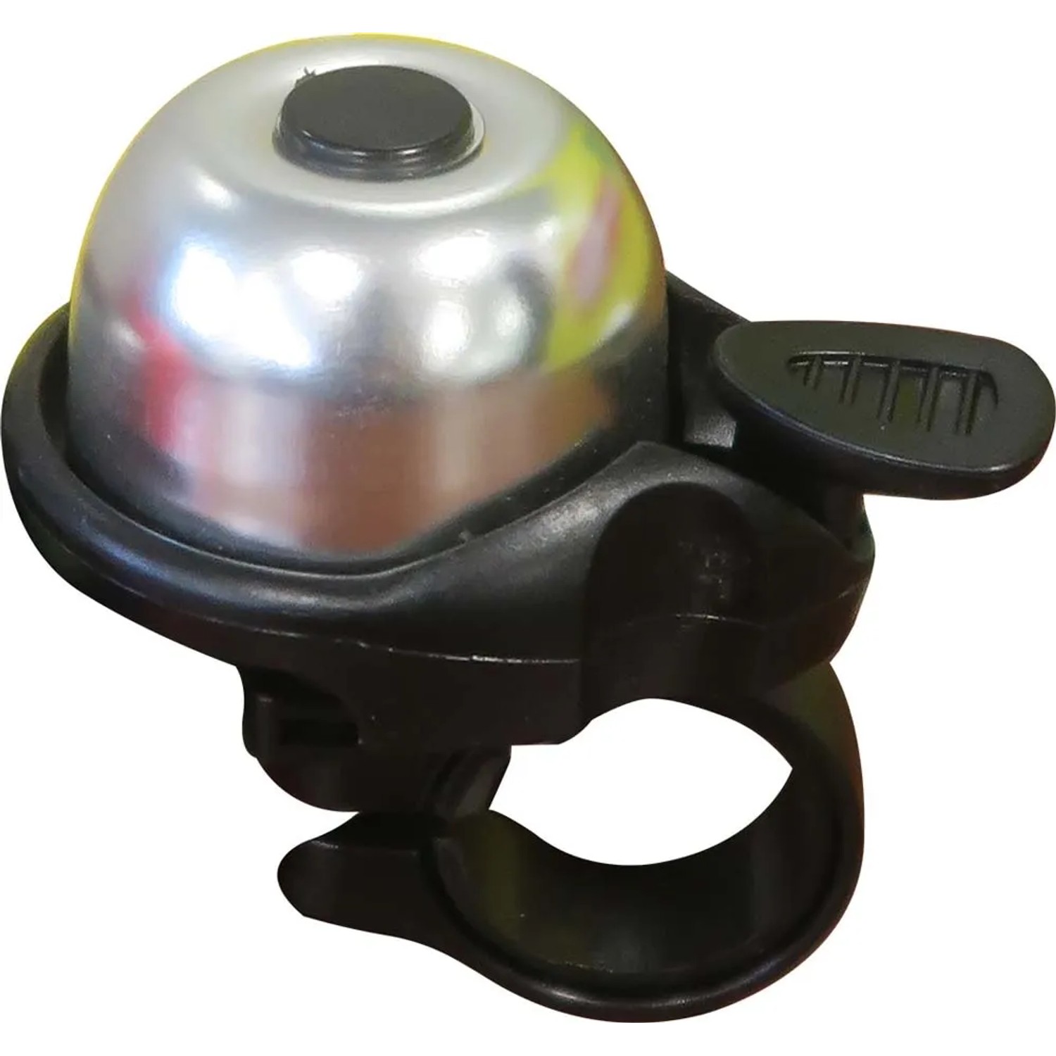 Campanello per bicicletta, campana argentata con leva nera per montaggio sul manubrio.