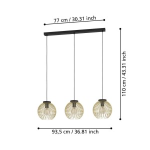 Lampadario a sospensione Eglo Venezuela 3 luci L93,5x23,5xH110 cm accia nero oro