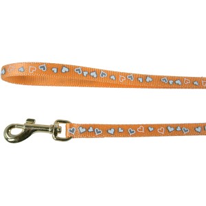 Guinzaglio per gatti arancione con motivo a cuori e moschettone.