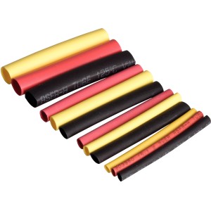 Assortimento di tubi termorestringenti gialli, rossi e neri per dispositivi ad aria calda.