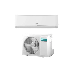 Climatizzatore t.b.t. bianco, composto da unità interna ed esterna.