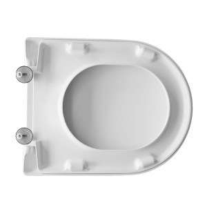 Sedile WC t.b.t. bianco visto dall'alto, fissaggi visibili.