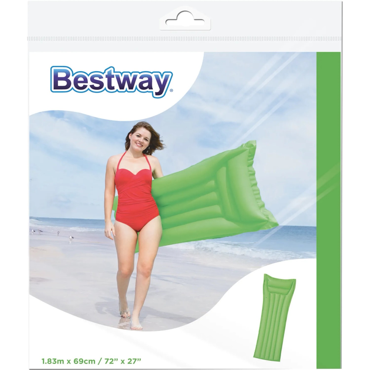 Confezione di un materassino gonfiabile verde Bestway, con donna sulla spiaggia.