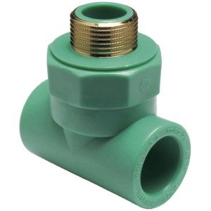 Raccordo a T in PPR verde con filettatura dorata per connessioni tubi.