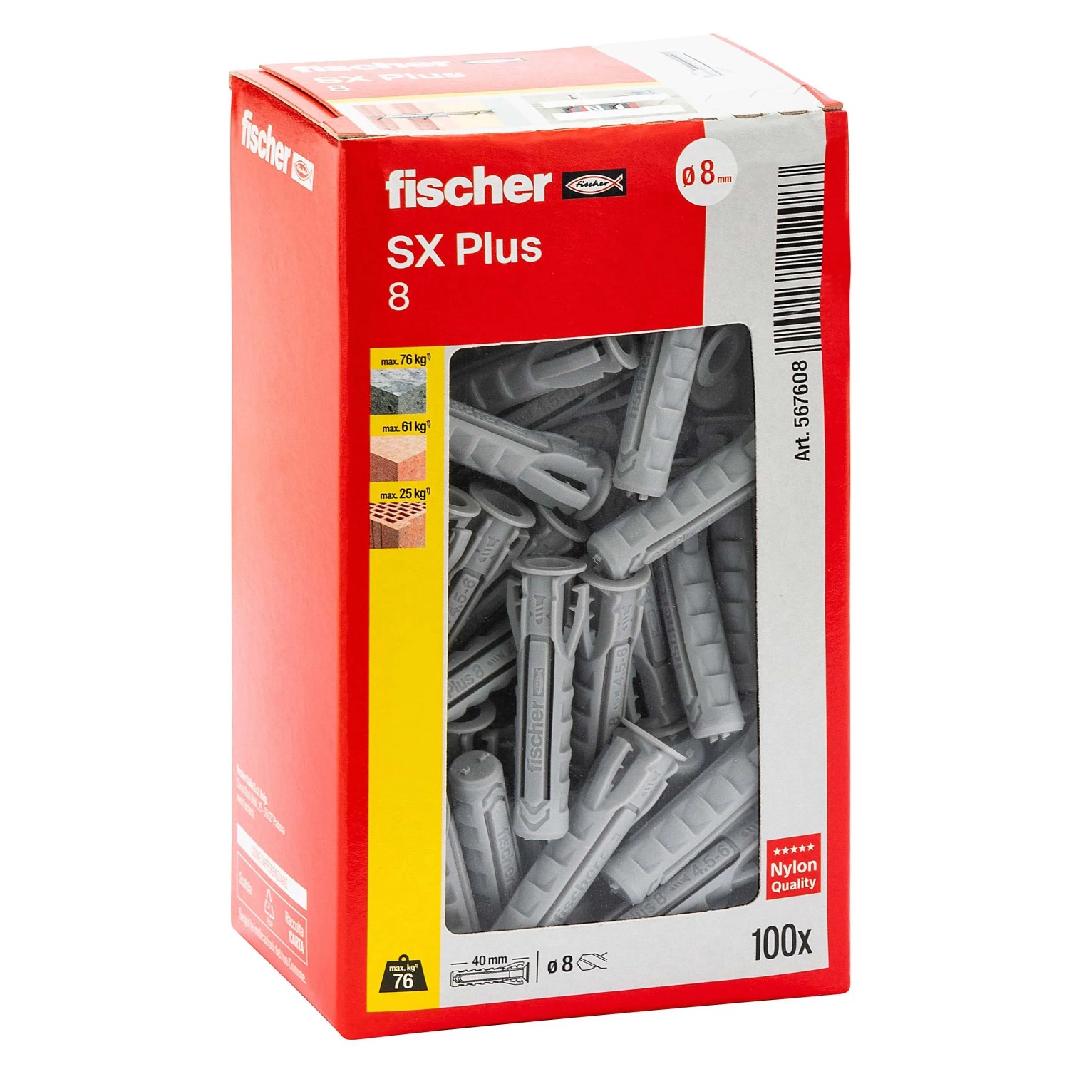 Confezione di tasselli Fischer SX 8x40 in nylon (100 pezzi), adatti per calcestruzzo e muratura.