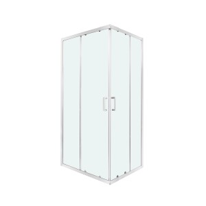 Box doccia angolare con vetro trasparente e telaio argentato.