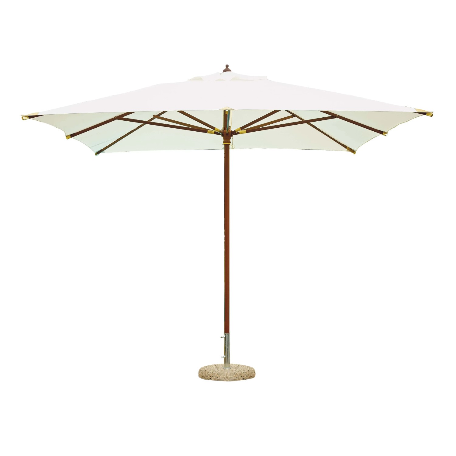 Ombrellone quadrato bianco con struttura in legno e base beige per il giardino.
