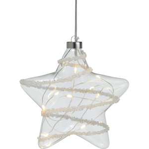 Figura luminosa da interno a forma di stella trasparente con luci a LED e nastro decorativo.