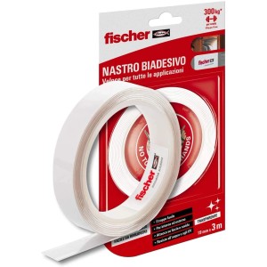 Nastro biadesivo Fischer, trasparente, 19mm x 3m, per applicazioni rapide.