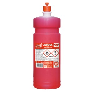 Bottiglia di alcool denaturato rosa 90° per pulizia domestica.