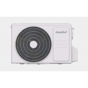 Unità esterna bianca di un condizionatore t.b.t. con griglia della ventola.