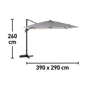 Ombrellone a braccio t.b.t. con dimensioni: 260 cm di altezza, 390 x 290 cm di apertura.