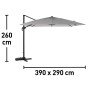 Ombrellone a braccio t.b.t. con dimensioni: 260 cm di altezza, 390 x 290 cm di apertura.