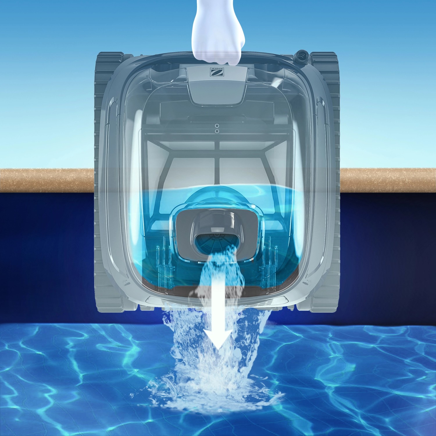 Robot piscina Zodiac CNX 2020 che scarica l'acqua nella piscina.