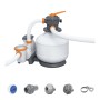 Sistema di filtraggio a sabbia t.b.t. per piscine, composto da filtro, pompa e accessori.