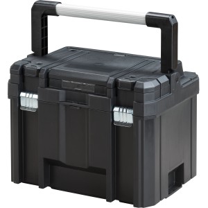 Cassetta porta attrezzi profonda Stanley FatMax Tstak nera con maniglia e organizer nel coperchio.