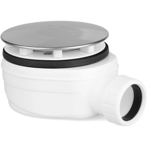 Sifone per lavabo con coperchio cromato e corpo in plastica bianca.