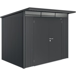Casetta da giardino in metallo t.b.t. antracite con doppia porta e tetto piatto.