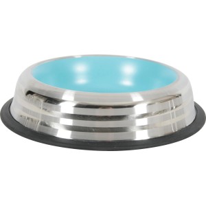 Ciotola per gatti t.b.t. in acciaio inox con interno azzurro e bordo antiscivolo.