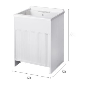 Mobile lavatoio bianco t.b.t. con frontale a rullo e lavabo integrato.