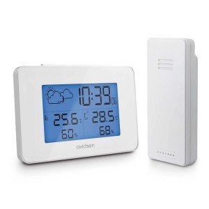 Stazione meteo bianca con sensore esterno per dati meteo smart home.