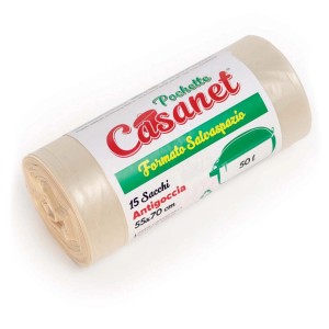 Rotolo di sacchi per pattumiera t.b.t., 15 pezzi, 55x70cm, per bidoni da 50L.