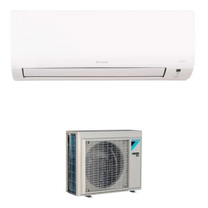 Climatizzatore t.b.t. bianco con unità interna ed esterna per un clima confortevole.