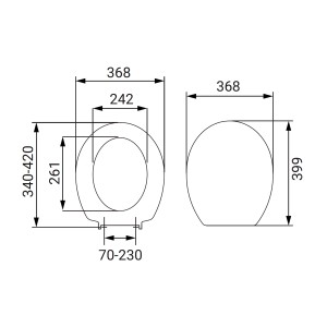 Disegno tecnico del sedile WC t.b.t. con dimensioni per montaggio e installazione.