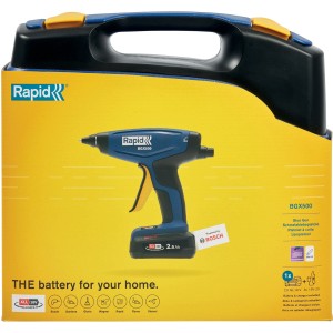 Pistola per colla a caldo a batteria Rapid BGX500 in valigetta con batteria e caricabatterie.