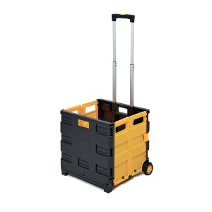 Carrello da officina nero e giallo con manico telescopico e ruote.