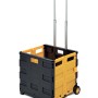 Carrello da officina nero e giallo con manico telescopico e ruote.