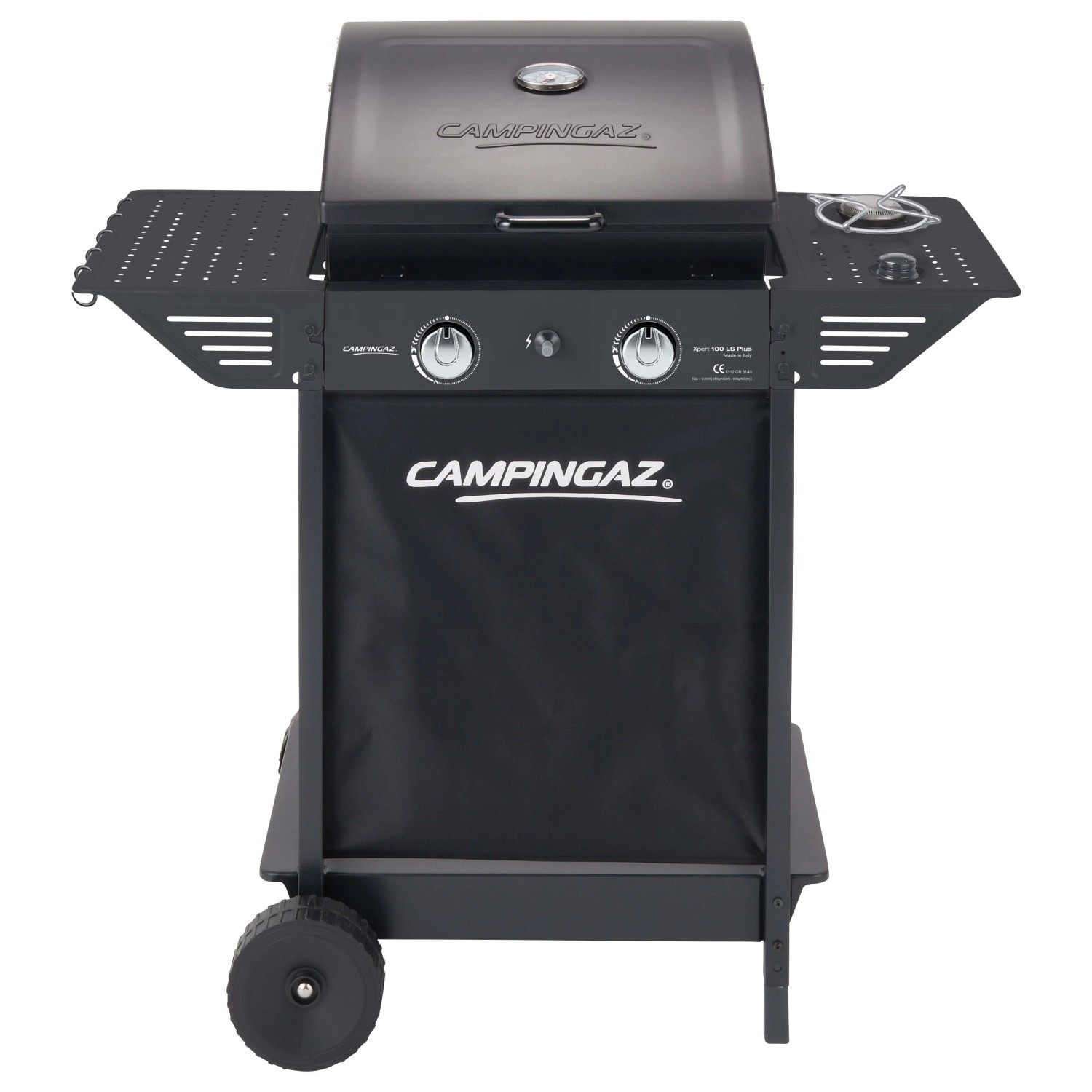 Barbecue a gas Campingaz con ripiani e carrello di trasporto.