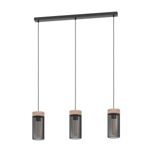 Lampada a sospensione t.b.t. con tre paralumi neri ed elementi in legno.