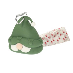 Distributore di sacchetti igienici per cani a forma di gnomo verde con moschettone.