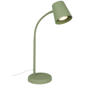 Lampada da scrivania verde con braccio flessibile e base rotonda.